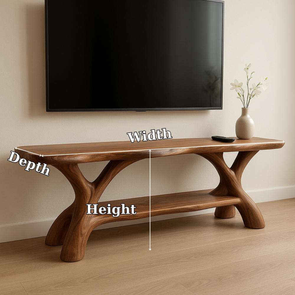 Handcrafted Solid Wood TV Stand – Sculptural Organic Design with Smooth Natural Finish Kitchnce
