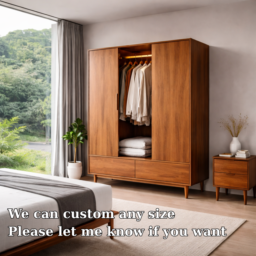 Solid Wood Wardrobe with Drawers – Mid Century Bedroom Closet