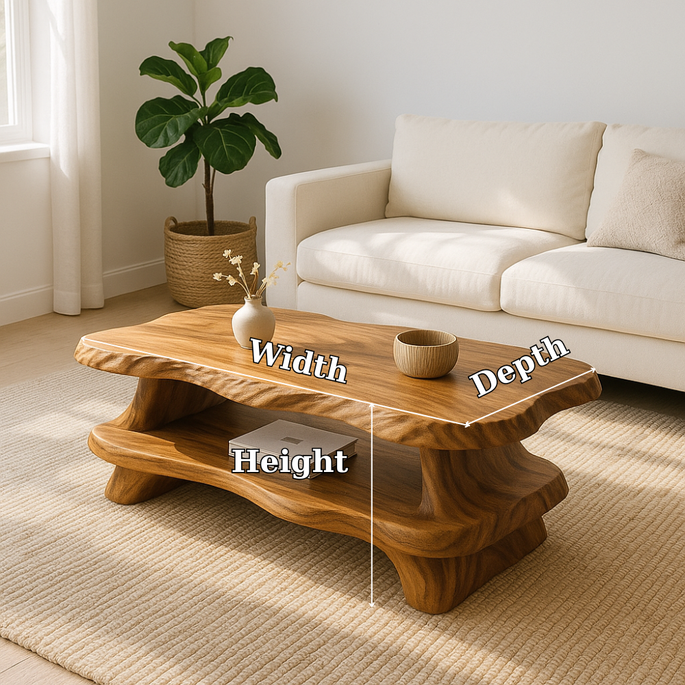 Handcrafted Solid Wood Coffee Table – Organic Live-Edge Design with Sculpted Double Shelf Kitchnce