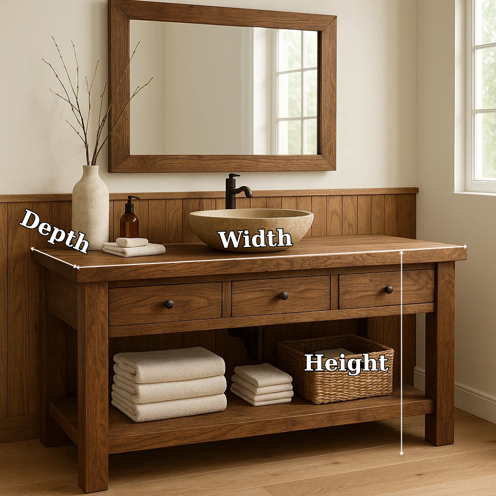 Rustic Solid Wood Bathroom Vanity with Vessel Sink – Modern Design with Storage Kitchnce