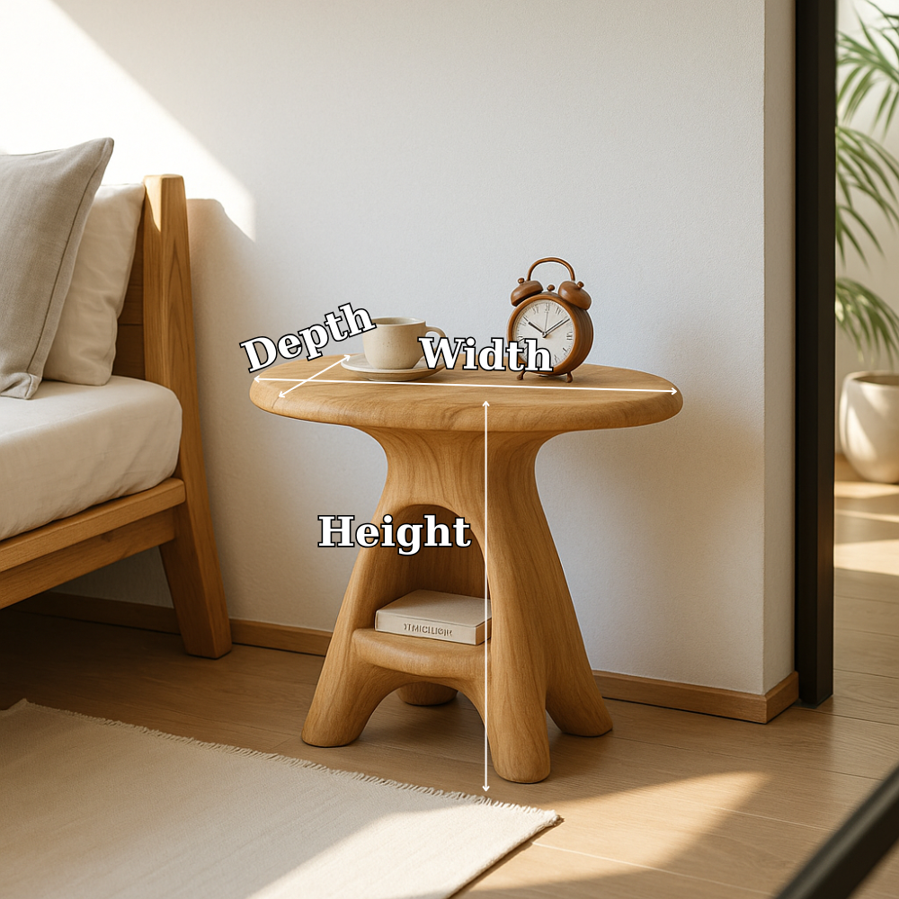 Handcrafted Solid Wood Nightstand – Sculpted Round Bedside Table with Open Storage Kitchnce
