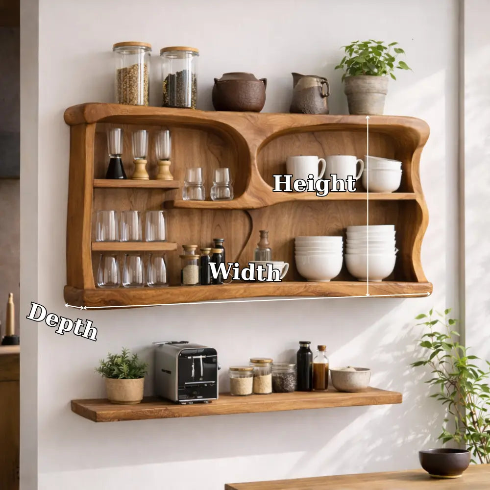 Solid Wood Kitchen Cabinet Shelf – Modern Open Wall Storage with Curved Design Kitchnce