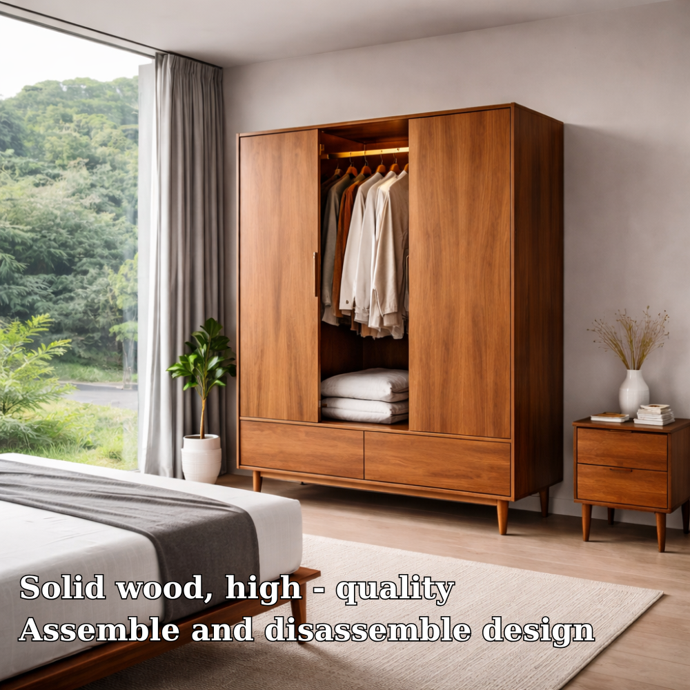 Solid Wood Wardrobe with Drawers – Mid Century Bedroom Closet