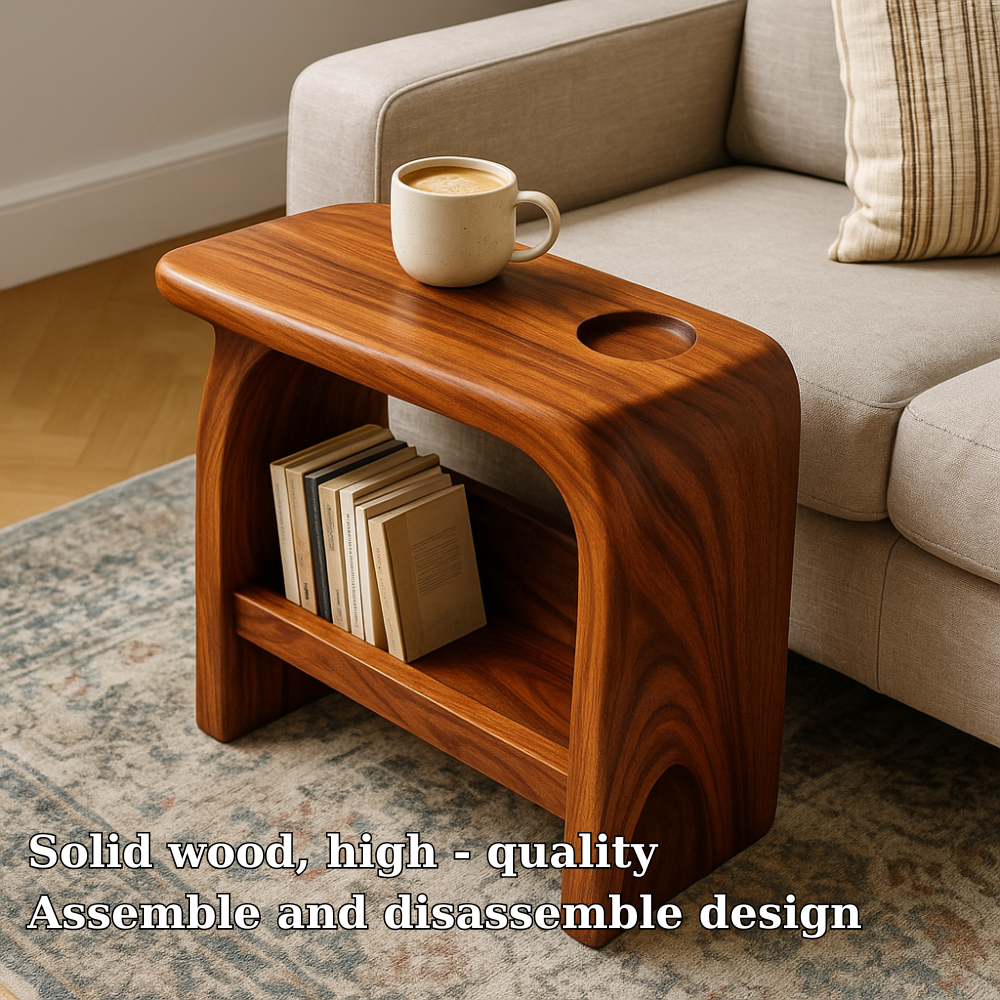 Solid Wood Sofa Armrest Table with Cup Holder and Book Storage Side Table