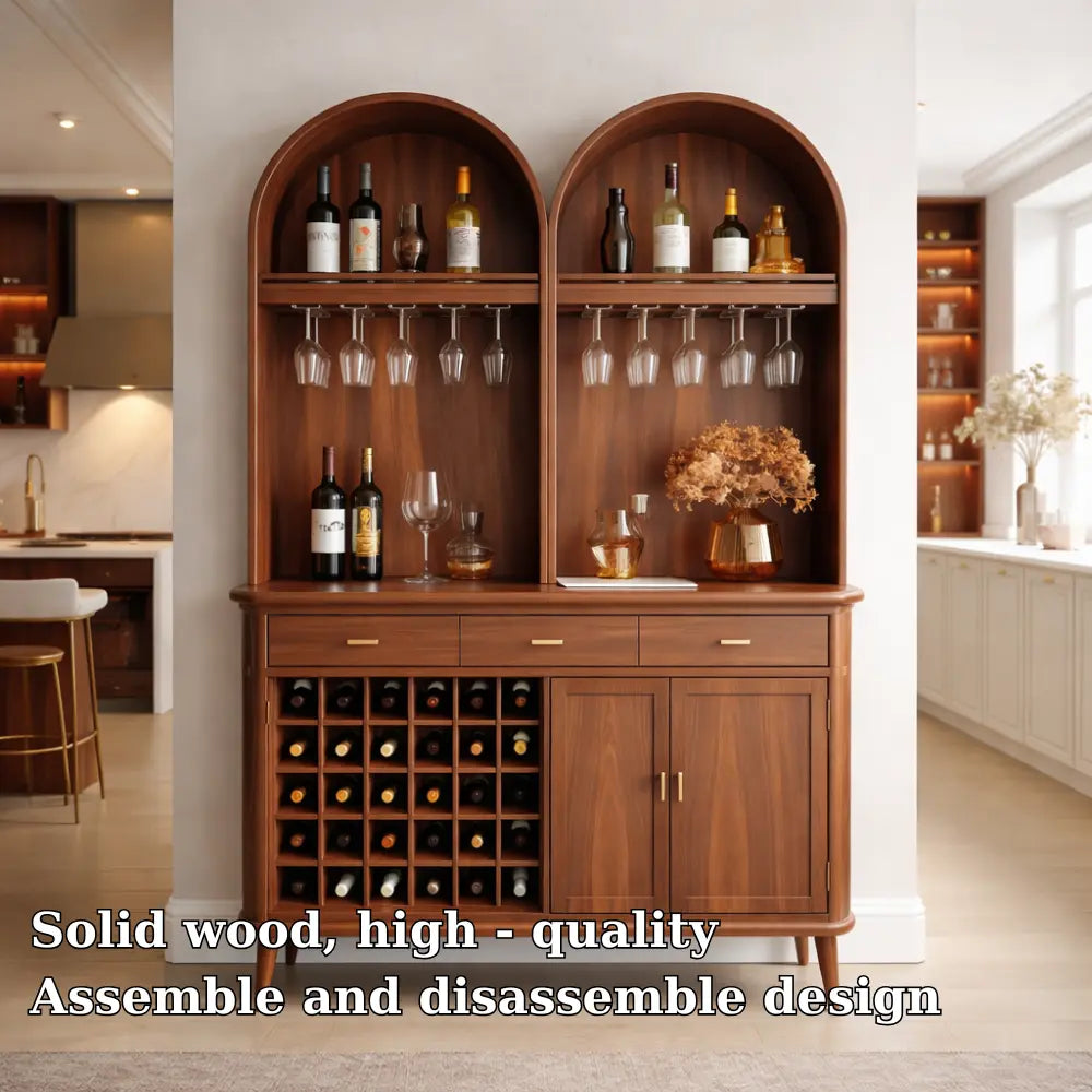 Solid Wood Arched Bar Cabinet with Wine Rack and Hanging Glass Storage Kitchnce