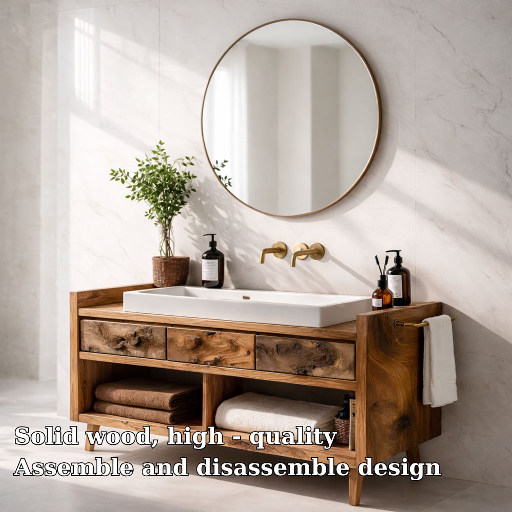 Solid Wood Bathroom Vanity Cabinet with Open Shelf β Rustic Modern, No Sink
