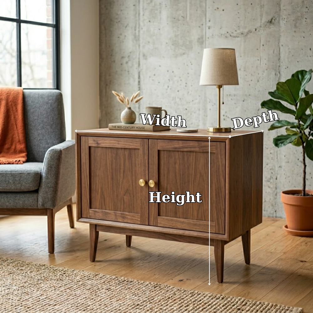 Solid Wood End Table with Double Doors – Mid Century Modern Bedside Side Table