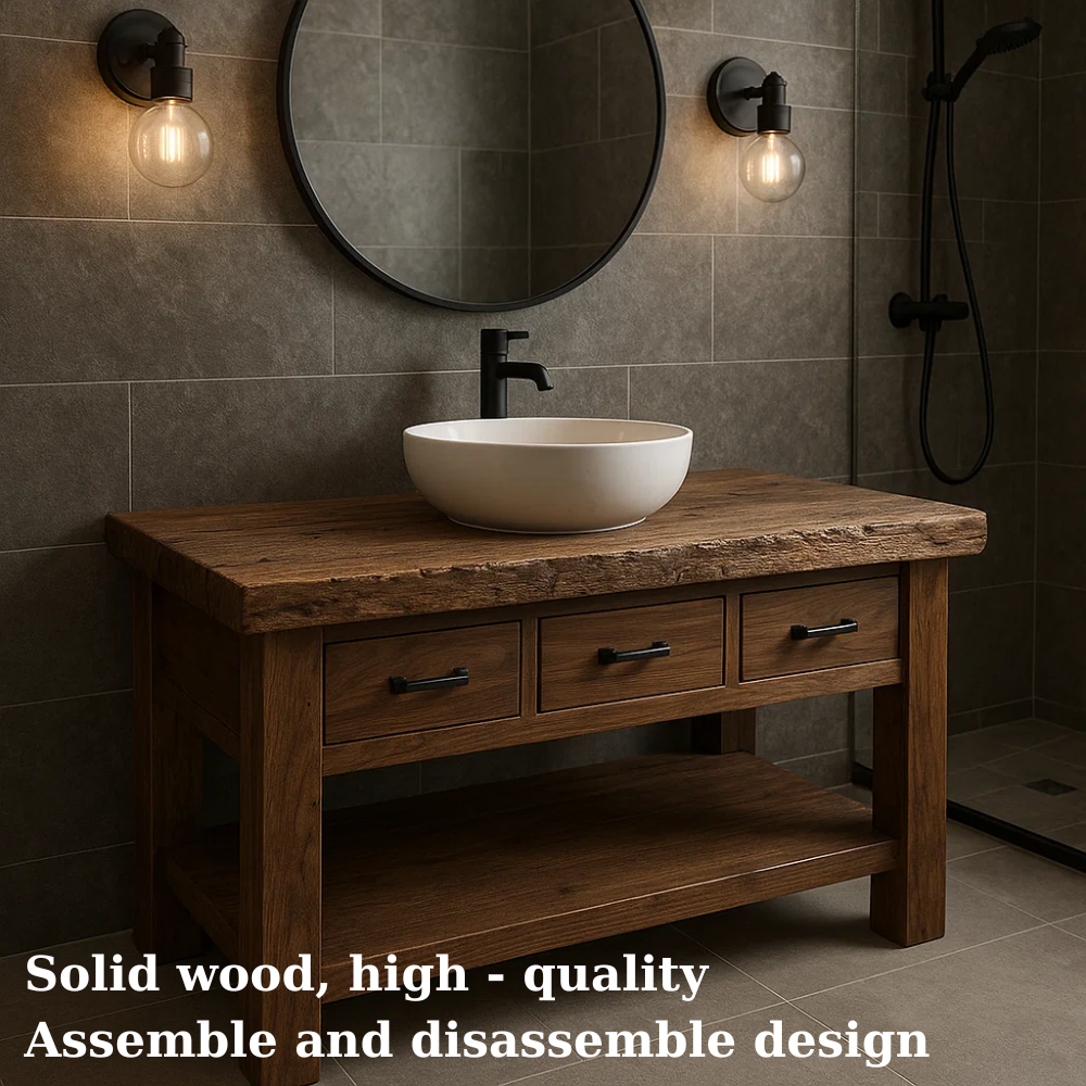 Solid Wood Bathroom Vanity Rustic Single Sink Farmhouse with Drawers and Shelf