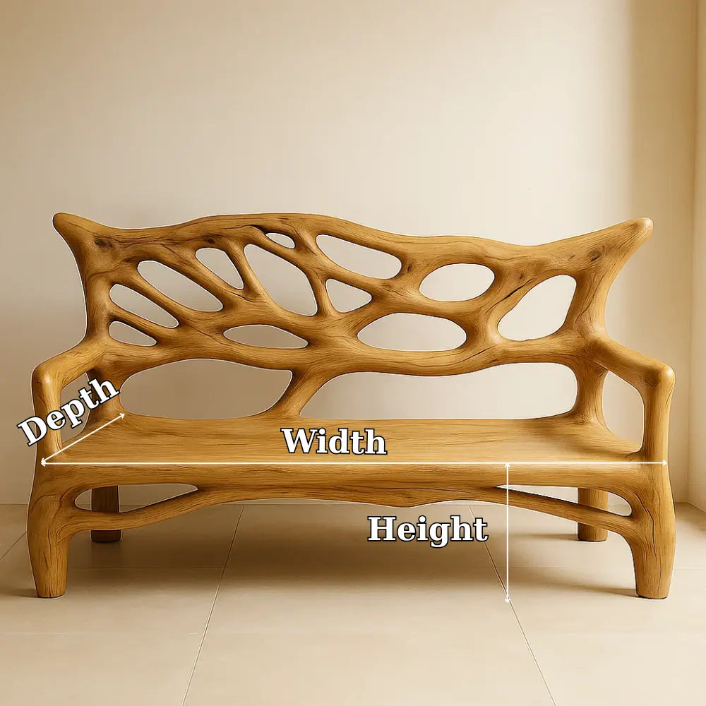 Handcrafted Solid Wood Bench – Sculptural Oak Art Bench with Organic Carved Backrest Design Kitchnce