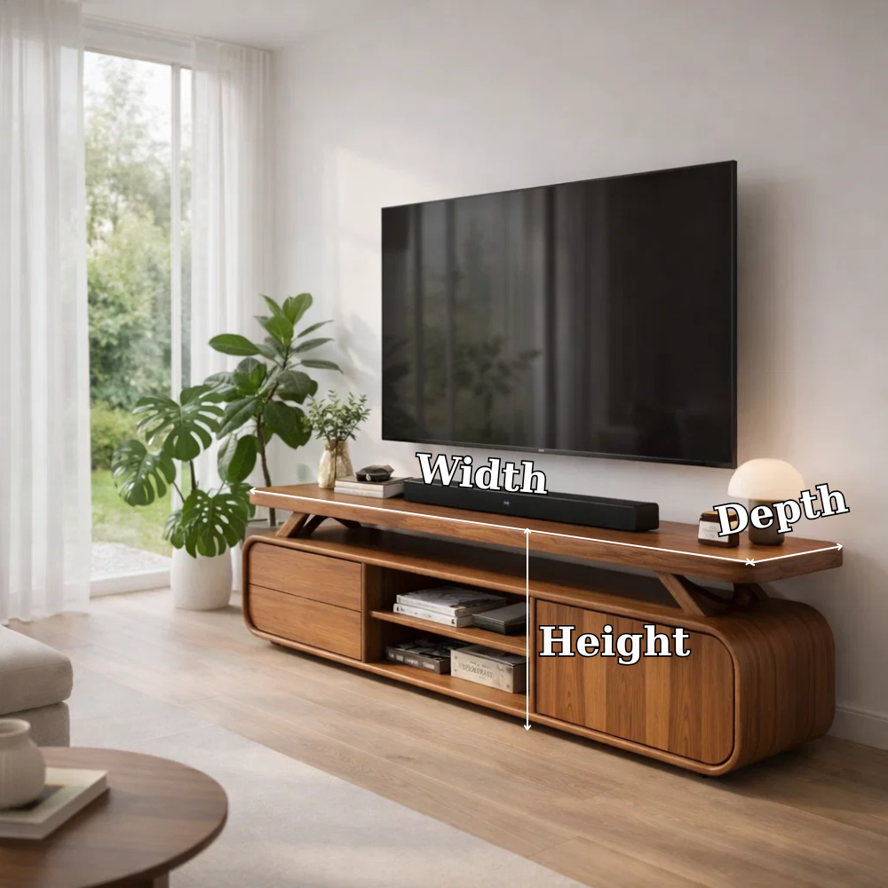 Modern Solid Wood TV Console with Curved Edges & Open Shelf Storage