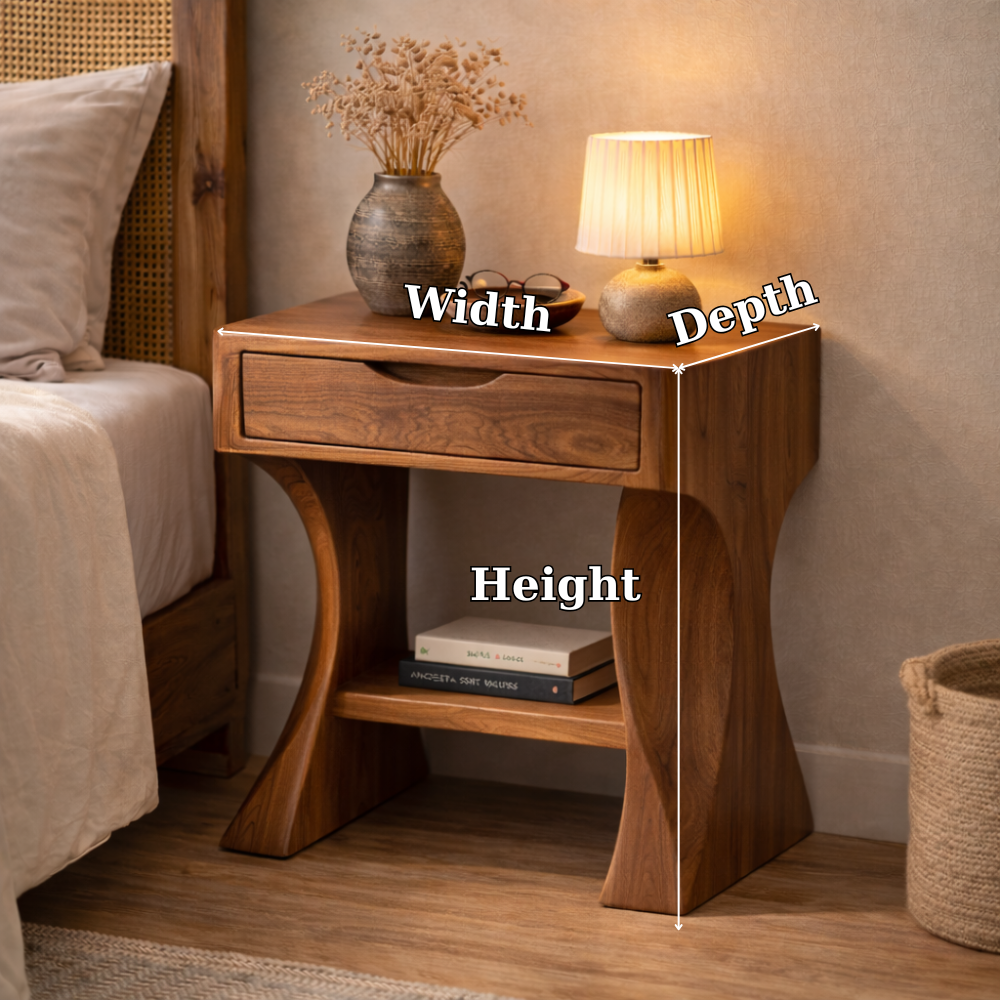 Solid Walnut Nightstand with Drawer and Shelf – Modern Curved Wood Bedside Table Kitchnce
