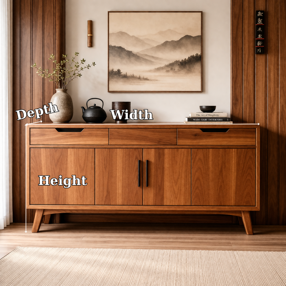 Mid-Century Solid Wood Console Cabinet with 2 Drawers and 4 Doors Storage