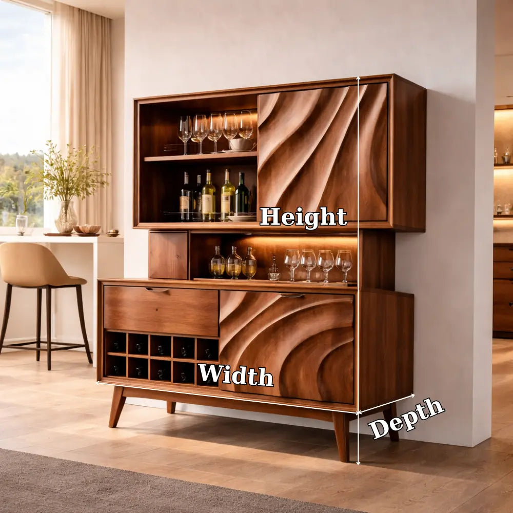 Solid Wood Bar Cabinet with Wine Rack & Sculpted Doors – Modern Mid Century Liquor Storage Kitchnce