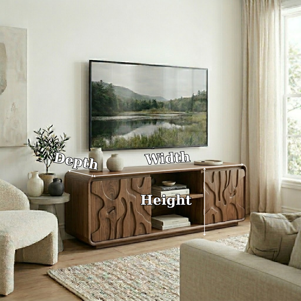 Solid Wood Media Console with Carved Doors, Modern TV Stand with Open Storage