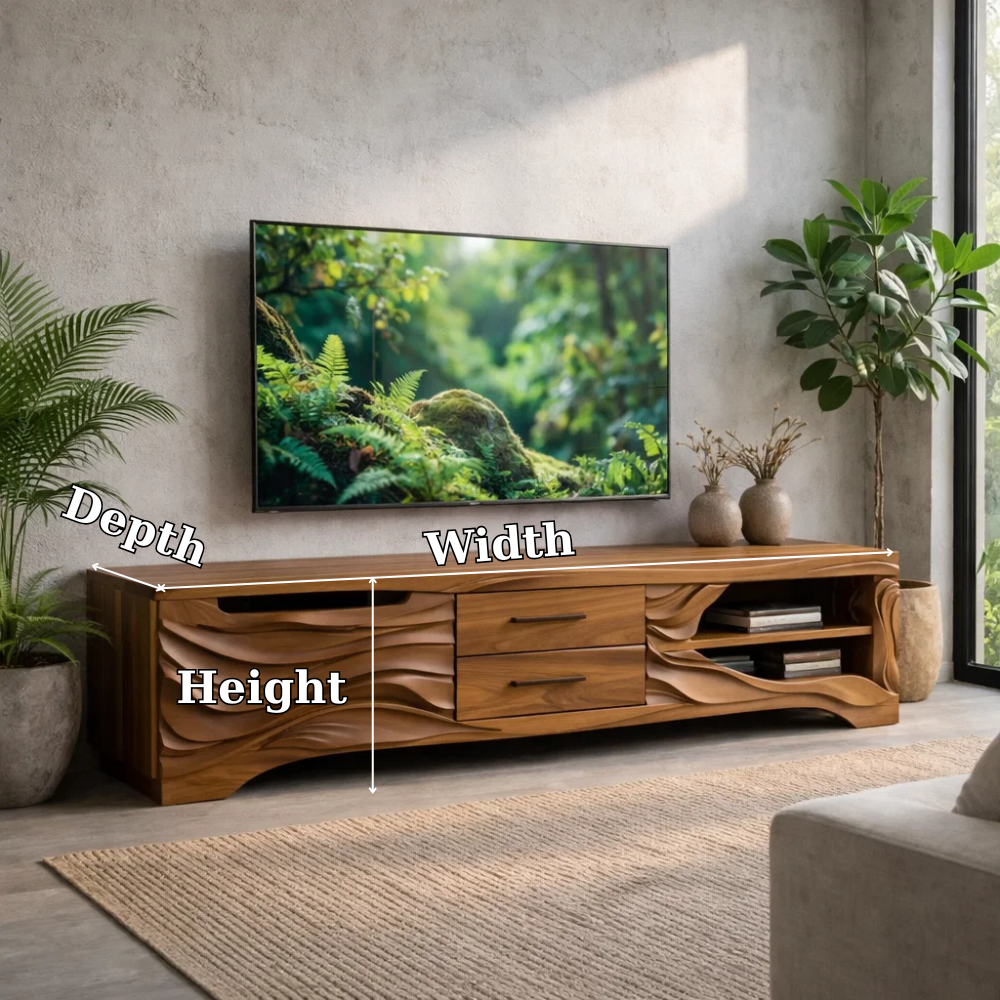 Solid Wood TV Stand with Carved Wave Front – Modern Media Console for Living Room Kitchnce