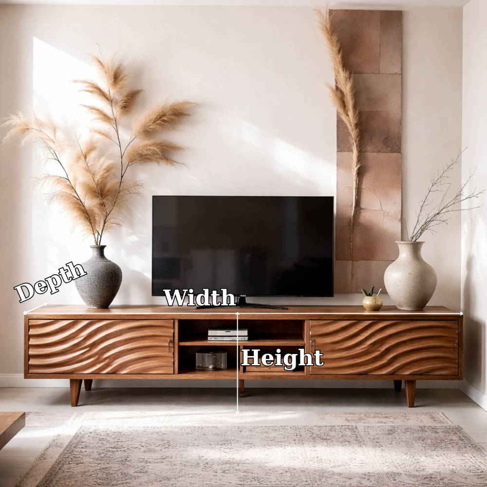Solid Wood Media Console with Wave Doors – Modern TV Stand Storage Cabinet