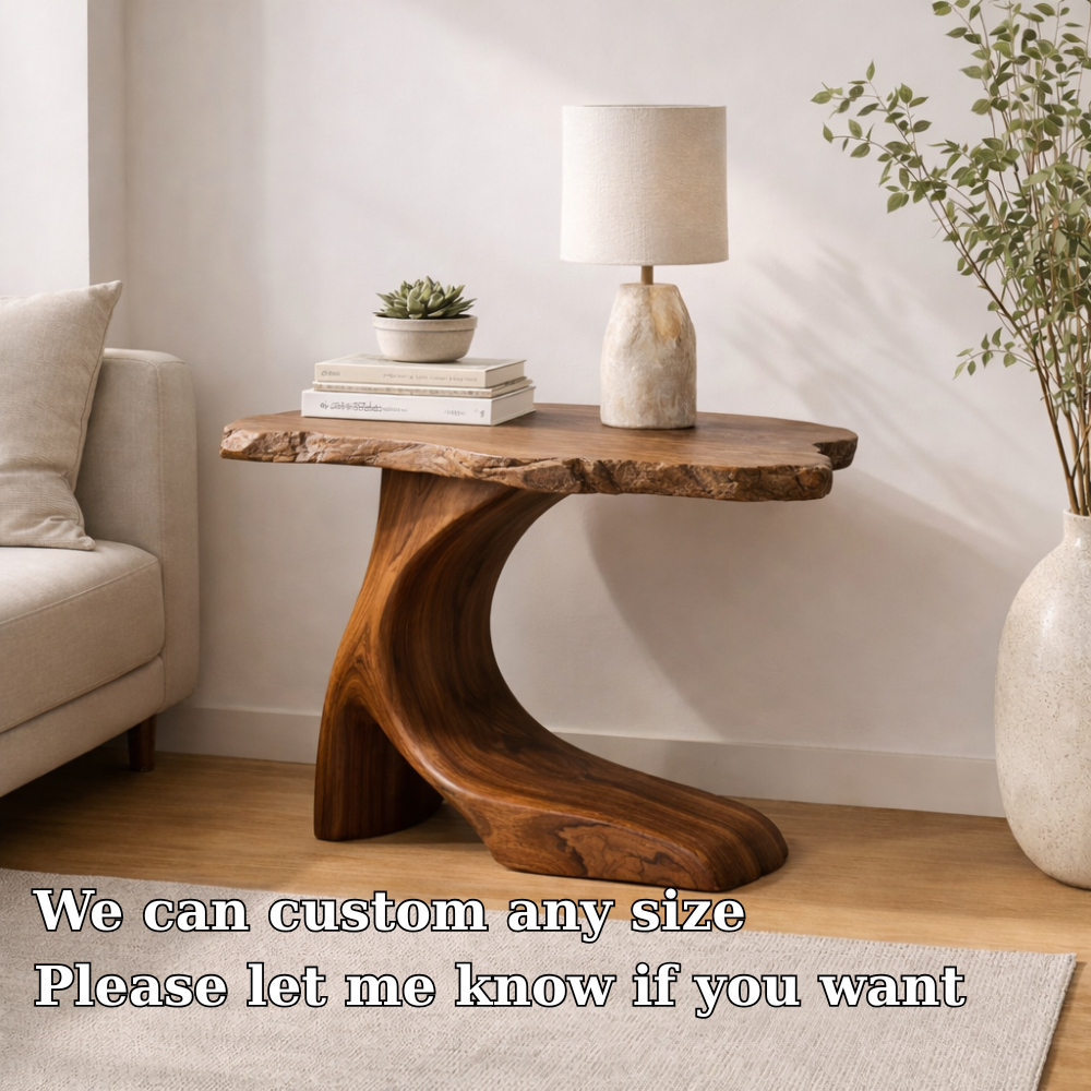 Solid Wood Live Edge End Table with Sculptural Base – Rustic Walnut Side Table