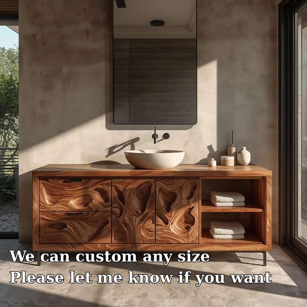 Solid Wood Bathroom Vanity with Sculpted Organic Design – Modern Storage Cabinet