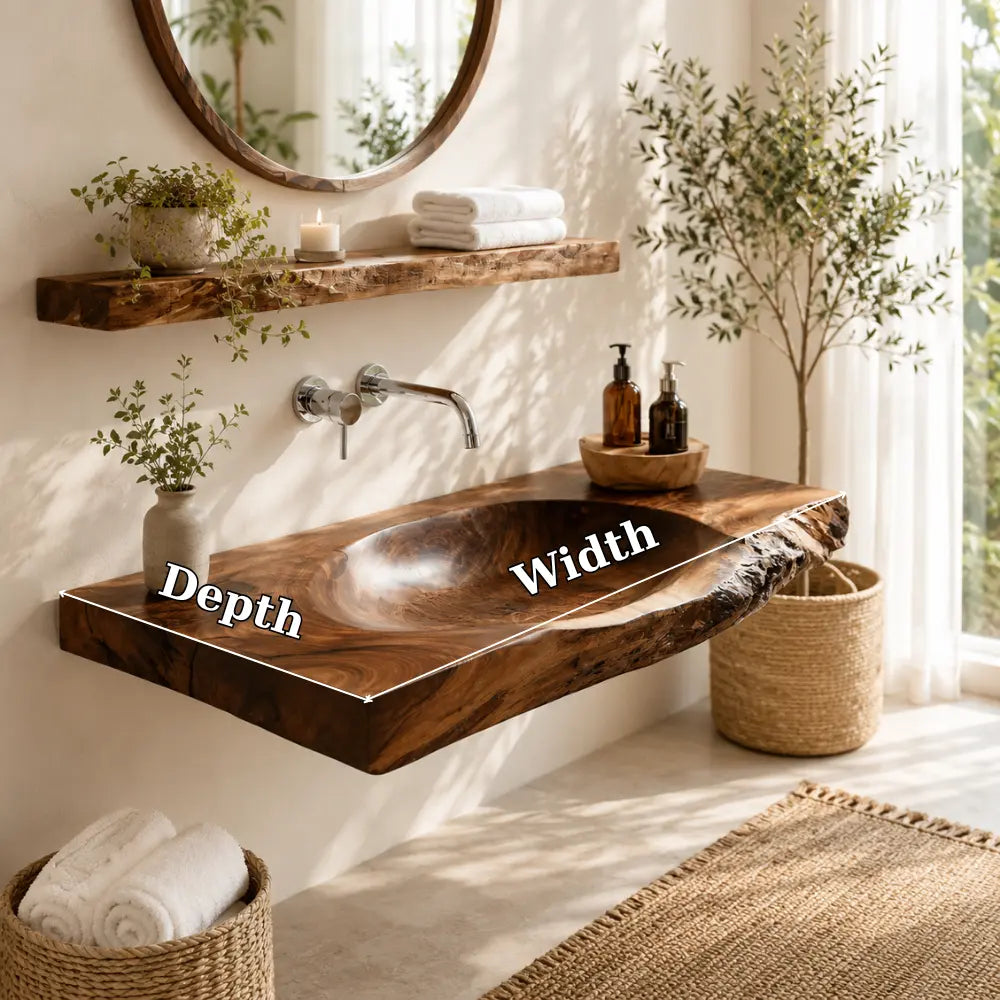 Live Edge Vanity & Shelf Set | Solid Wood Carved Sink Floating Bathroom Kitchnce