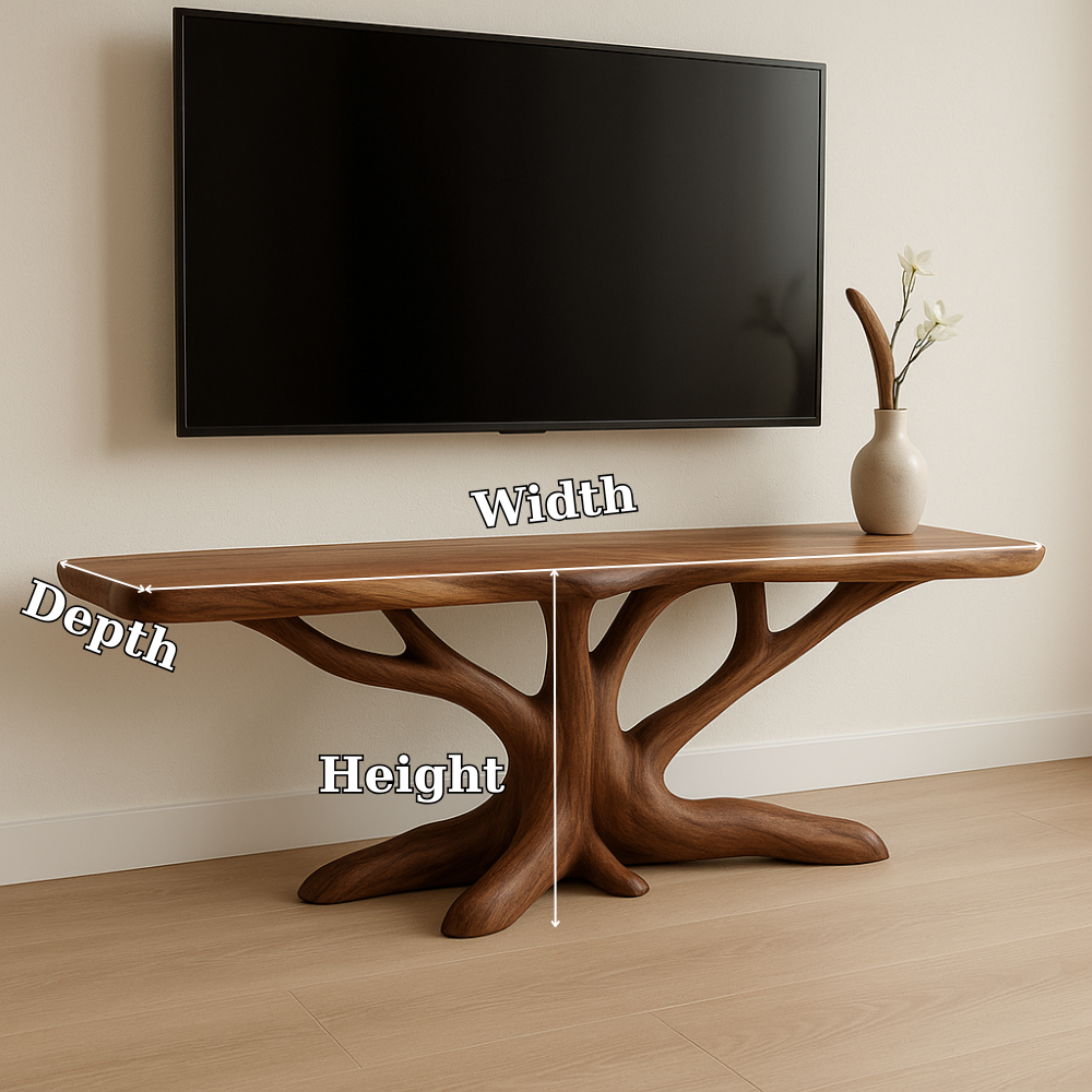 Handcrafted Solid Wood TV Stand – Modern Organic Design with Tree Branch Inspired Base Kitchnce