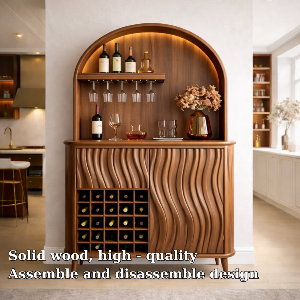 Solid Wood Bar Cabinet with Arched Display, Wine Rack & Wave Panel Doors