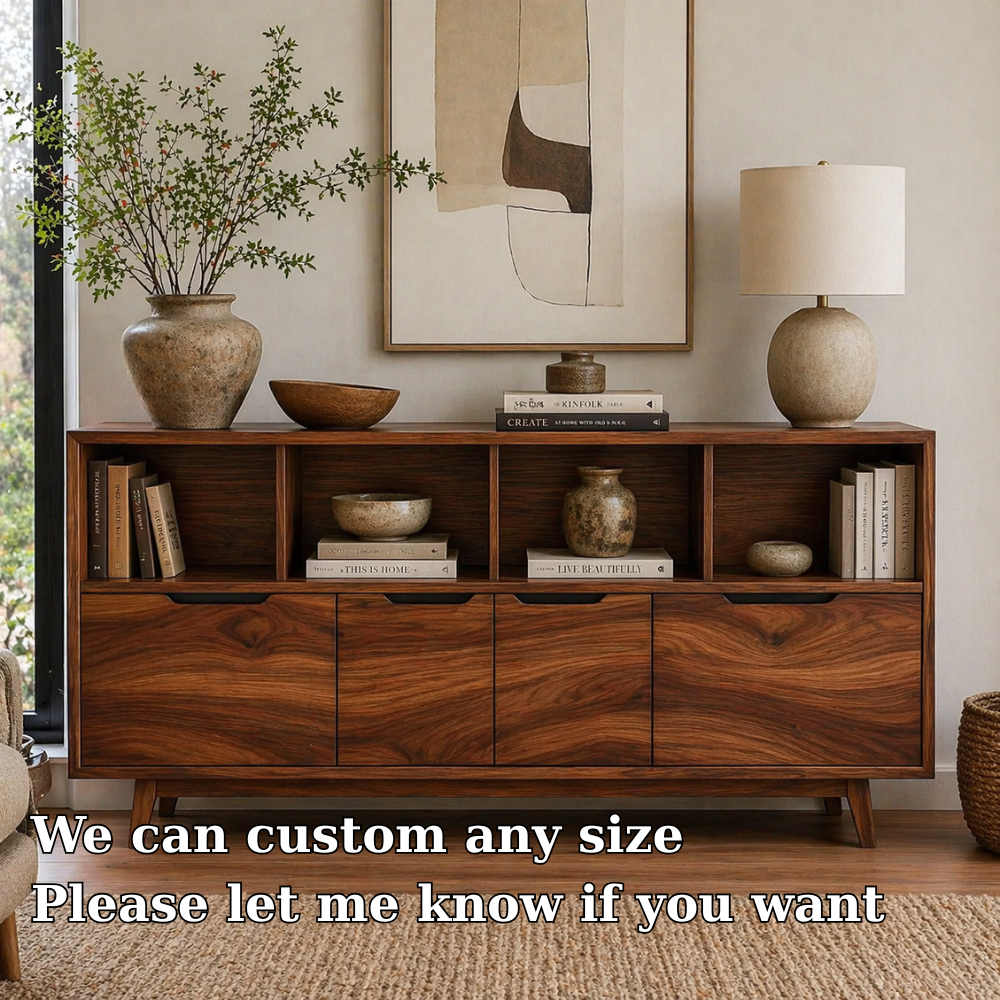 Mid Century Solid Wood Sideboard Cabinet with Drawers & Open Shelf Storage