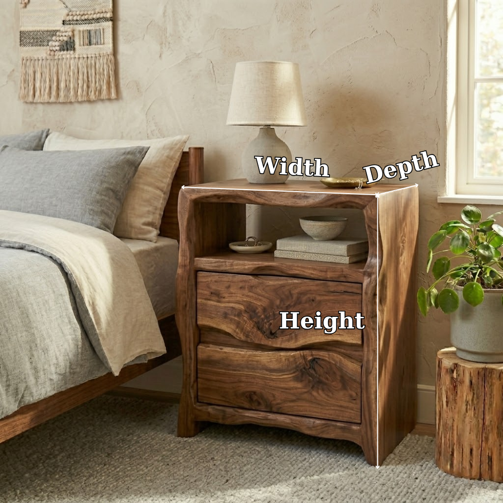 Solid Nightstand - Handcrafted Organic Wavy Edge Table with 2 Drawers & Cubby