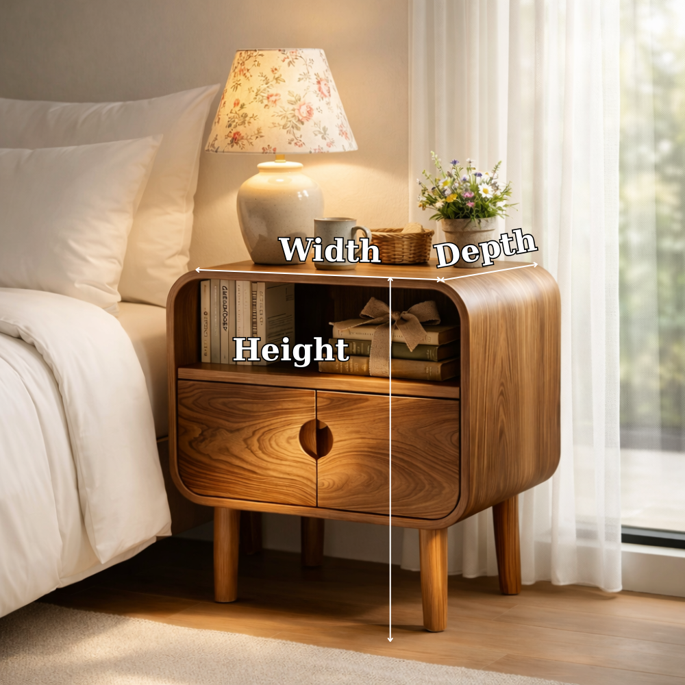 Solid Wood Nightstand with Cabinet Doors & Open Shelf – Modern Bedside Table