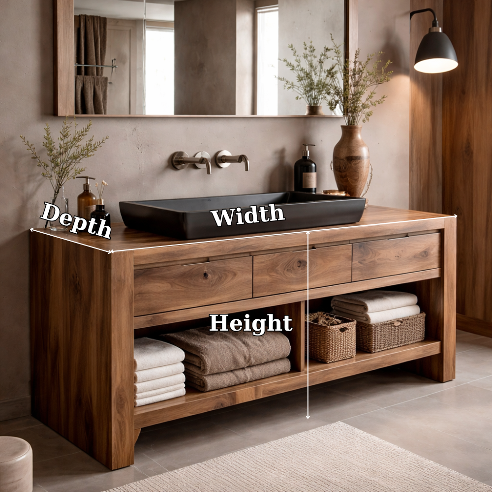 Solid Wood Bathroom Vanity Cabinet with Drawers & Open Shelf – Modern Walnut Vanity Base