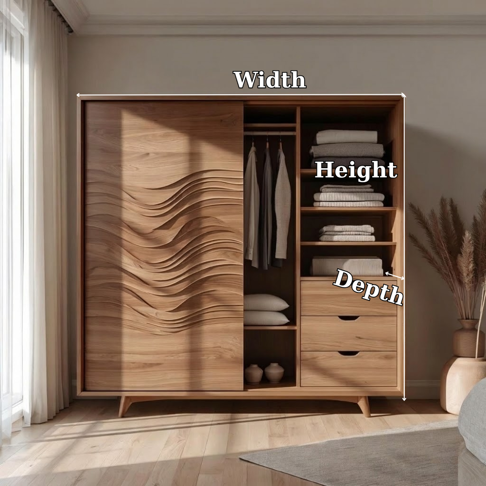 Solid Wood Wardrobe with Wave Panel Door – Modern Bedroom Closet with Shelves & Drawers