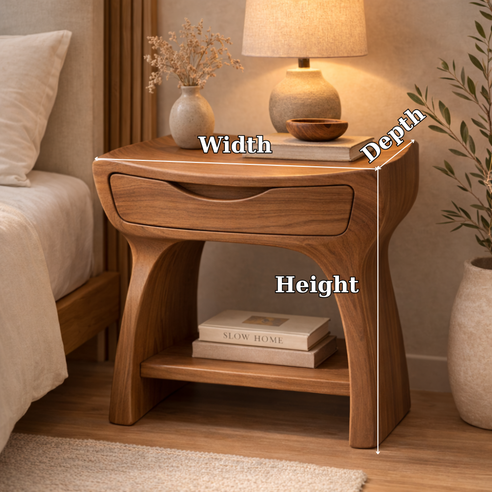 Solid Wood Nightstand with Drawer and Shelf – Modern Curved Bedside Table Kitchnce