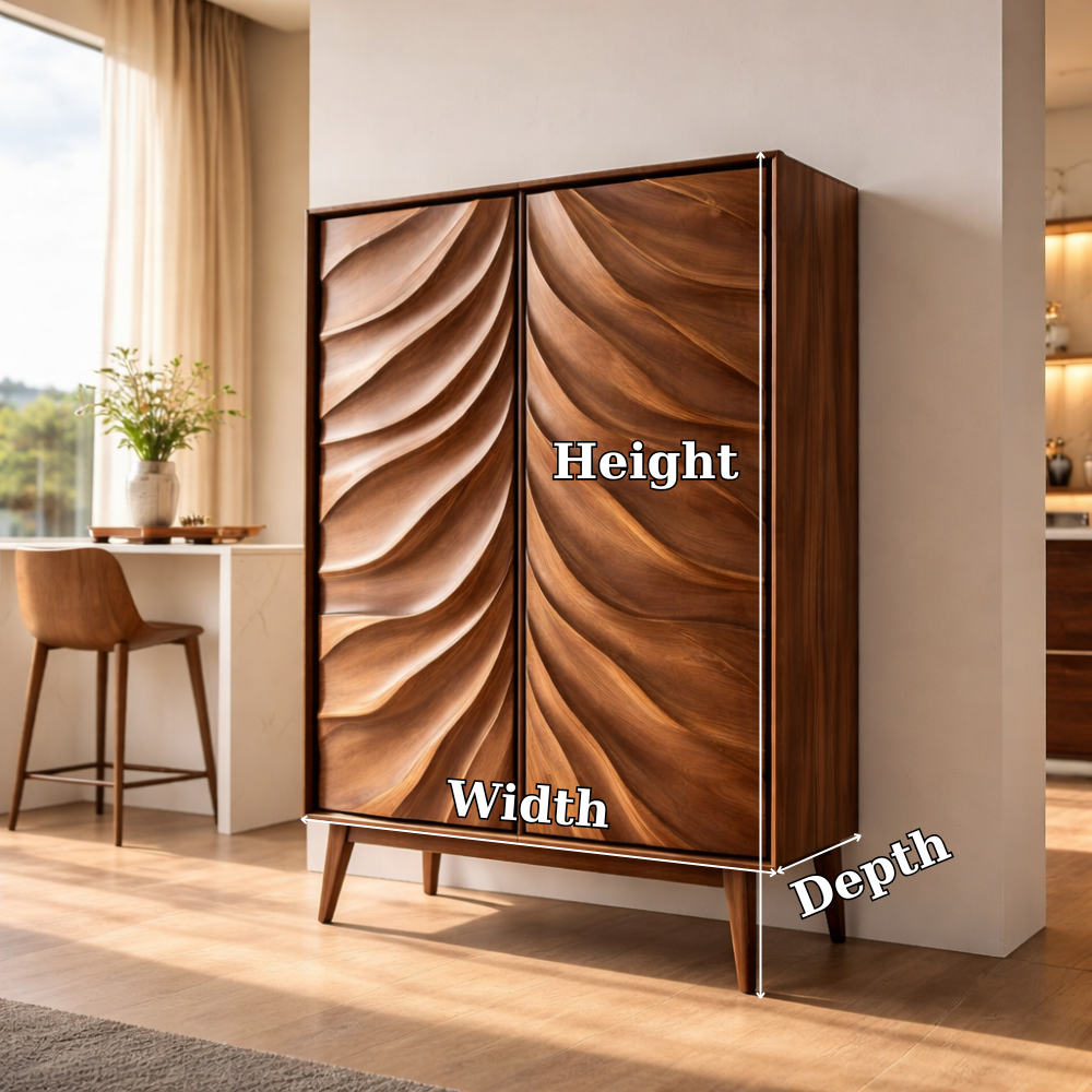 Solid Wood Bar Cabinet with Sculpted Wave Doors – Modern Mid Century Liquor Storage