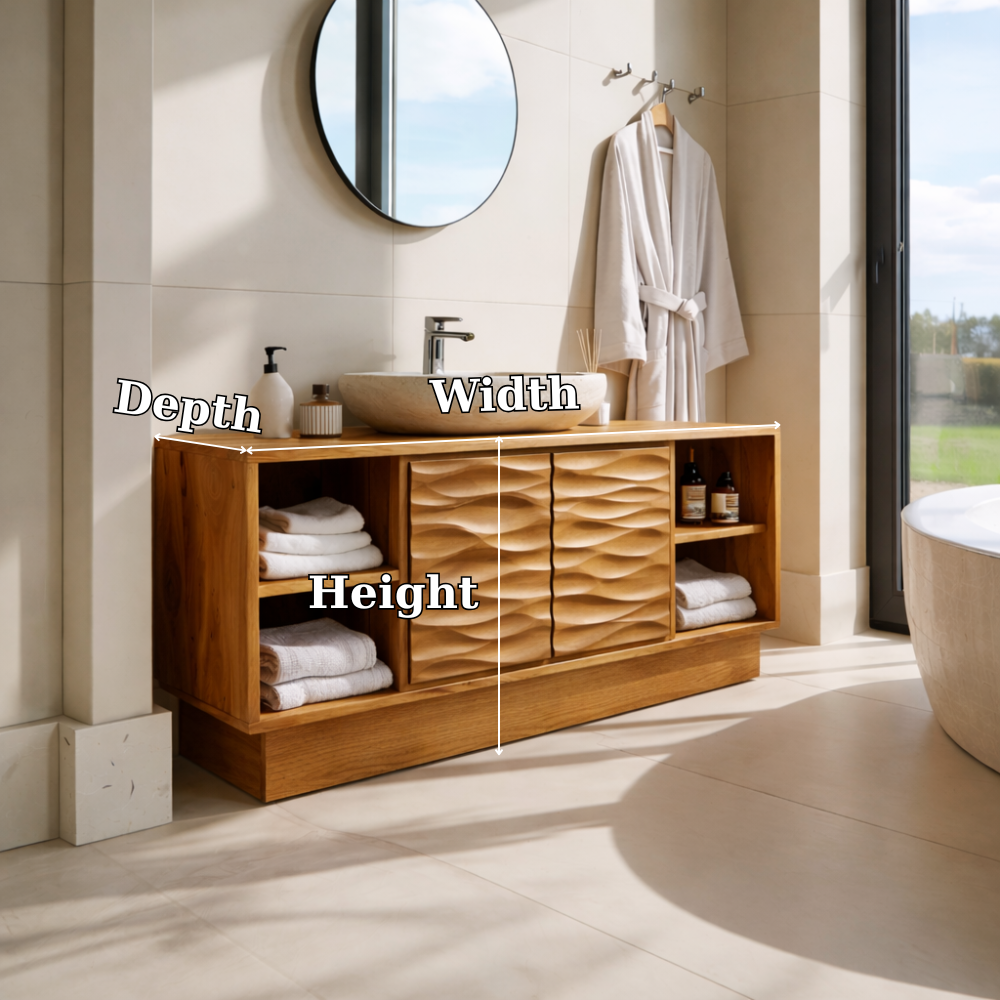 Modern Solid Wood Bathroom Vanity with Wave-Patterned Doors