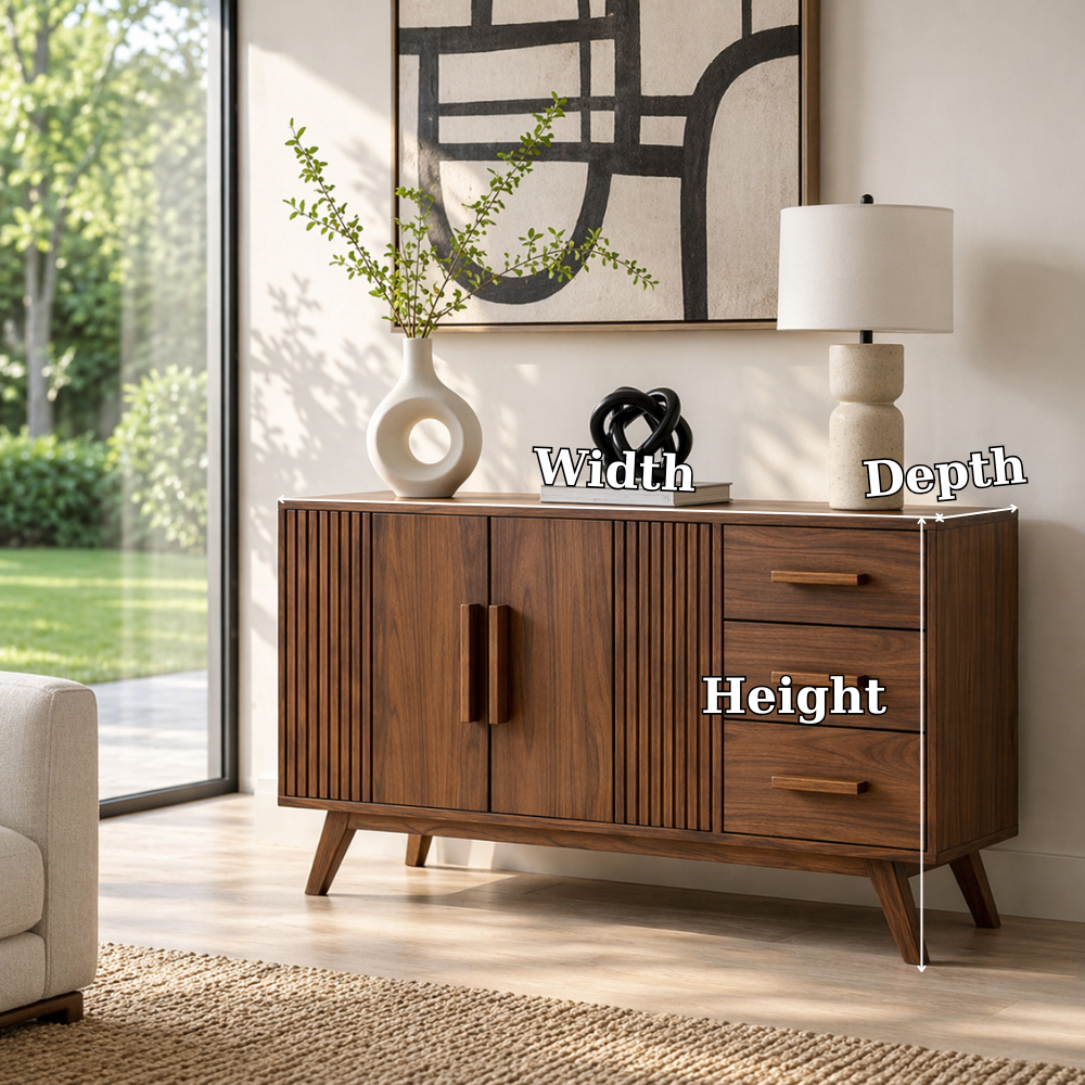 Solid Wood Console Sideboard with Slatted Design – Modern Walnut Storage Cabinet