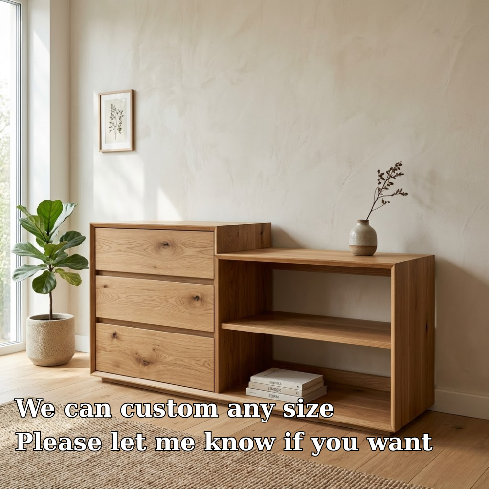 Solid Oak Console Cabinet with Drawers & Open Shelves – Modern Storage Sideboard