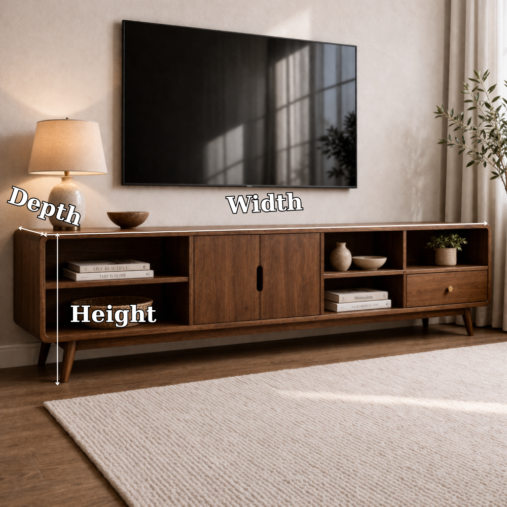 Solid Wood TV Console with Cabinets and Open Shelf Storage