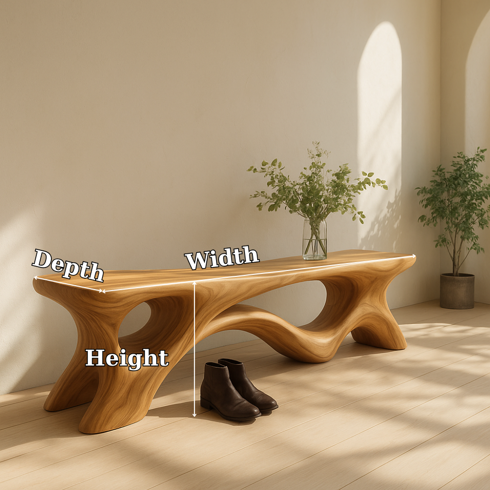 Handcrafted Solid Wood Bench – Sculptural Organic Design with Modern Flowing Curves Kitchnce
