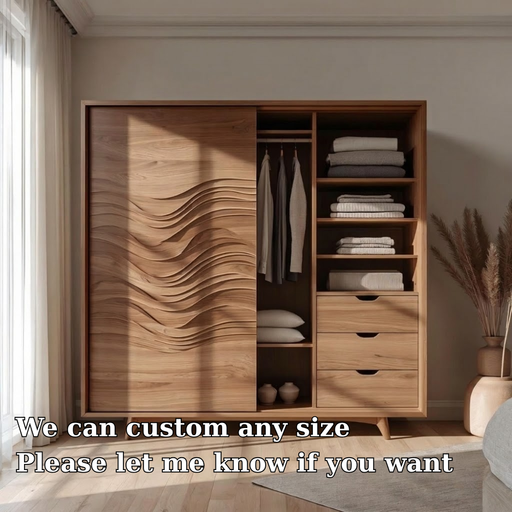 Solid Wood Wardrobe with Wave Panel Door – Modern Bedroom Closet with Shelves & Drawers