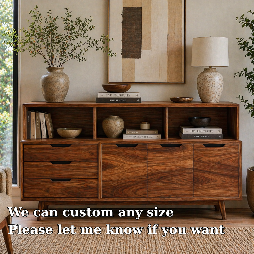 Mid Century Solid Wood Console Cabinet with Drawers & Open Shelf Storage
