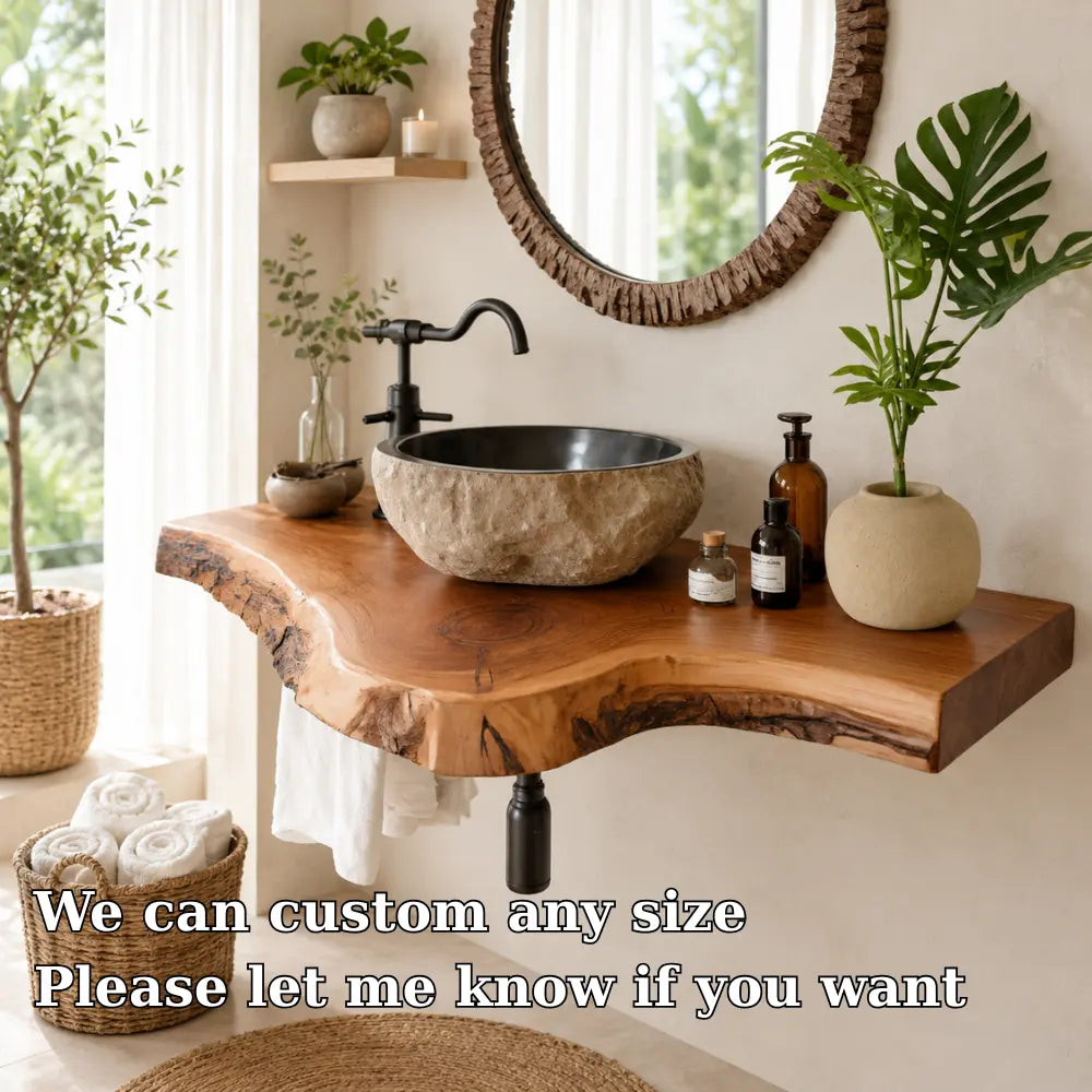 Live Edge Epoxy Vanity Shelf | Asymmetric Solid Wood Floating Bathroom Counter Kitchnce