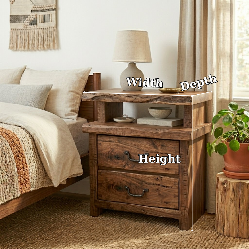Solid Live Edge Nightstand - Rustic Industrial Table with Hand-Forged Handles