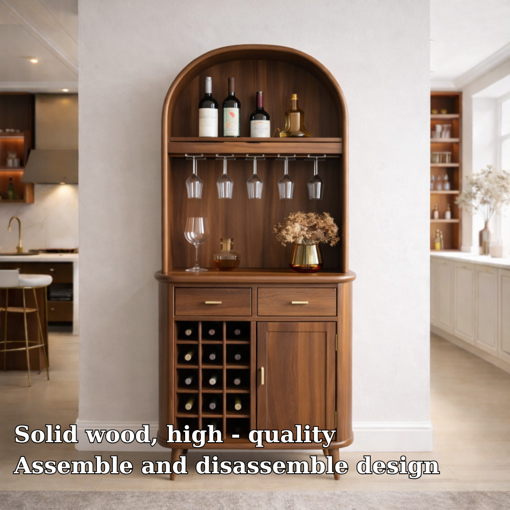 Solid Wood Arched Bar Cabinet with Wine Rack and Hanging Glass Holder