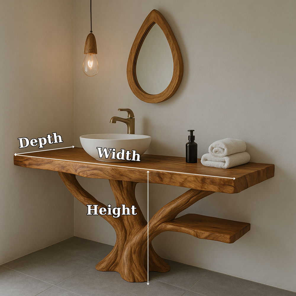 Handcrafted Solid Wood Bathroom Vanity – Sculptural Live Edge Design with Natural Finish Kitchnce