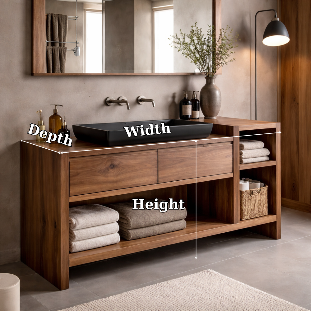 Solid Wood Bathroom Vanity Cabinet with Drawer & Side Shelf – Walnut Bathroom Storage