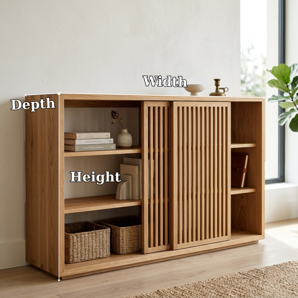 Solid Oak Console Cabinet with Sliding Slatted Doors – Modern Storage Sideboard