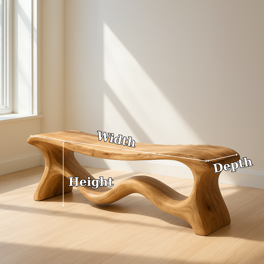 Modern Solid Wood Bench with Artistic Wave Base – Minimalist Wooden Bench Kitchnce