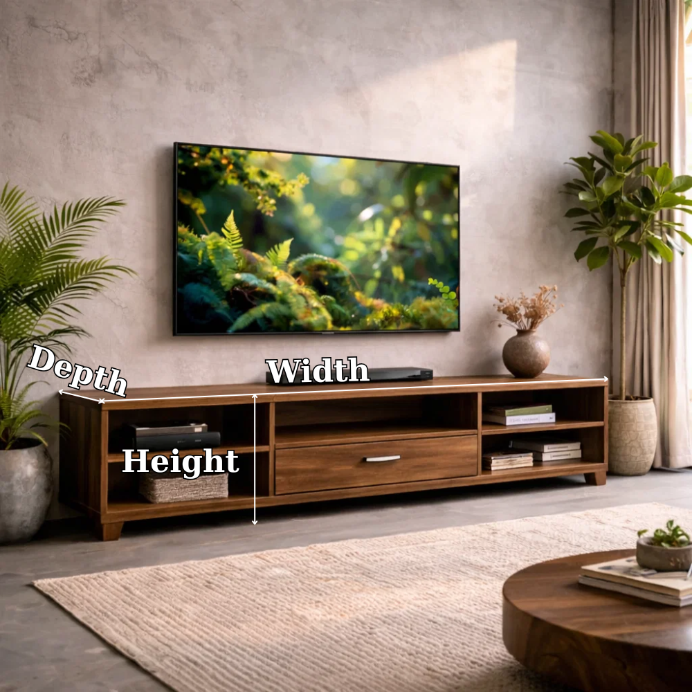 Modern Solid Wood TV Stand with Drawer and Open Shelves – Living Room Media Console Kitchnce