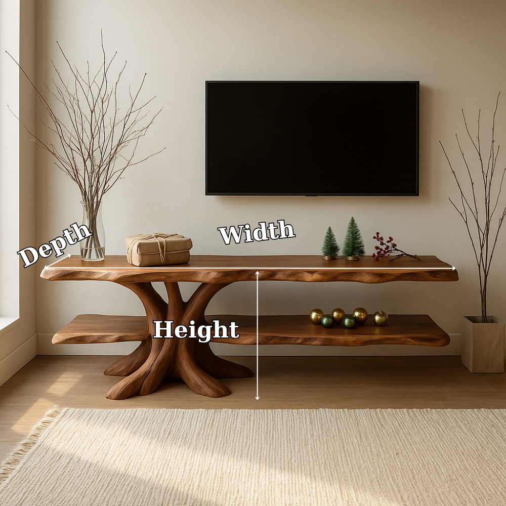 Handcrafted Solid Wood TV Stand – Tree Root Inspired Design with Natural Rustic Elegance Kitchnce