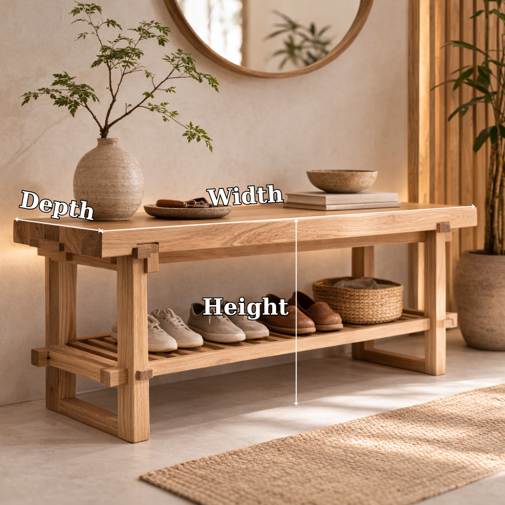 Solid Oak Entryway Bench with Storage Shelf | Modern Hallway Seating Kitchnce