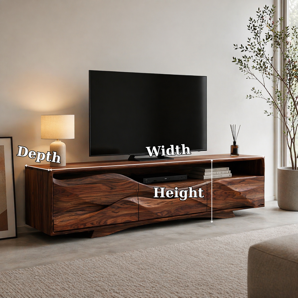 Solid Wood Media Console with Sculpted Front, Modern TV Stand with Storage Shelves